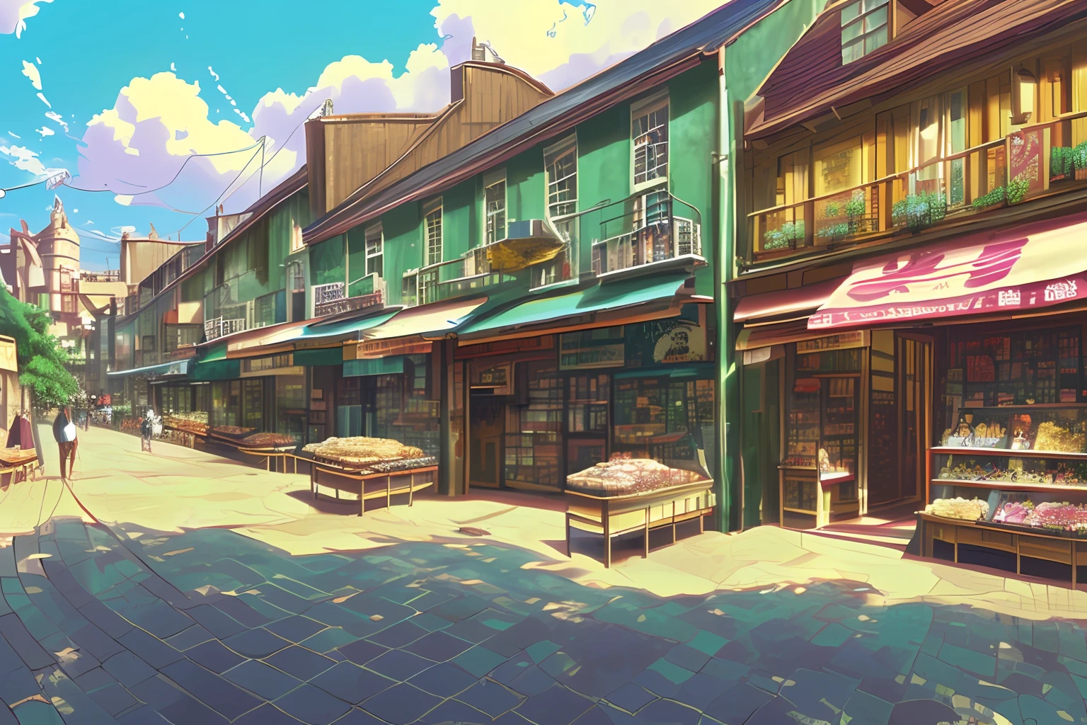 Anime - image stylistique d&#39;un petit magasin avec balcons et balcons，Art de fond d’anime，magasin très détaillé，Style de Makoto Shinkai，Style de Makoto Shinkai，Studio Ghibli Soleil，belles scènes d&#39;anime，beau paysage animé，décor détaillé - largeur 672，Studio lumineux et joyeux Makoto Shinkai，par Makoto Shinkai，Devant l&#39;animalerie