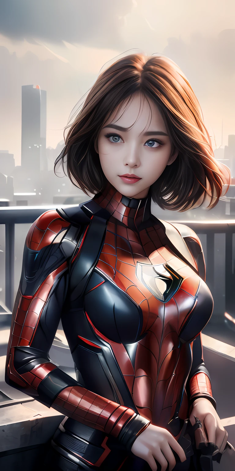 (1girl:1.3), Solo, (((Very detailed face)))), ((Very detailed eyes and face)))), Beautiful detail eyes, Body parts__, Official art, Unified 8k wallpaper, Super detailed, beautiful and beautiful, beautiful, masterpiece, best quality, original, masterpiece, super fine photo, best quality, super high resolution, realistic realism, sunlight, full body portrait, amazing beauty, dynamic pose, delicate face, vibrant eyes, (from the front), She wears Spider-Man suit, red and black color scheme, spider, very detailed city roof background, rooftop, overlooking the city, detailed face, detailed complex busy background, messy, gorgeous, milky white, highly detailed skin, realistic skin details, visible pores, clear focus, volumetric fog, 8k uhd, DSLR, high quality, film grain, fair skin, photo realism, lomography, futuristic dystopian megalopolis, translucent, naked;