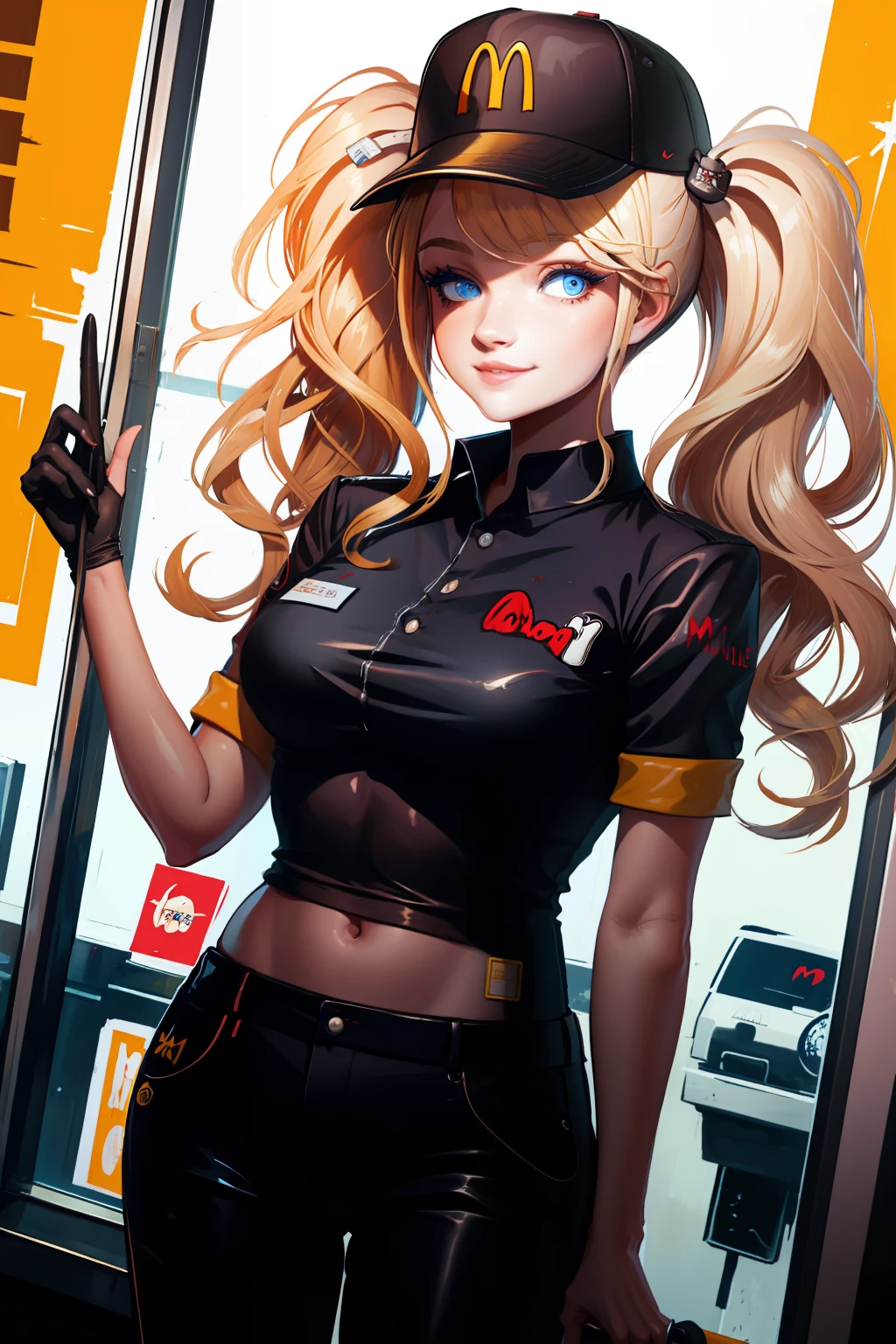 Highly detailed, High Quality, Masterpiece, beautiful, McDonaldsUniform, 1girl, solo, light smile, blue eyes, blond hair, pigtails, shirt, black shirt, uniform, black pants, pants, cap, Inside the drive-thru window, drive-thru window,