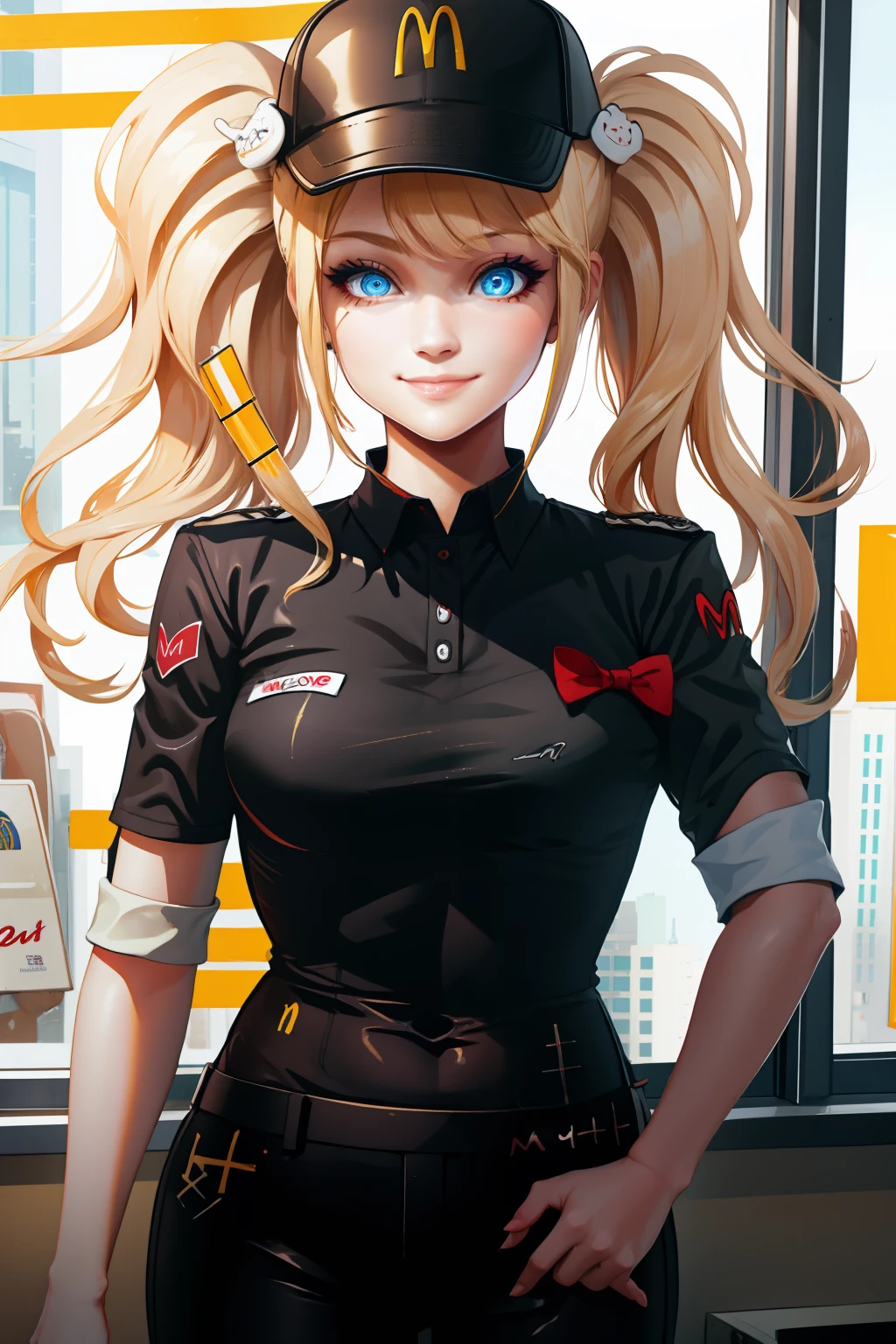 Highly detailed, High Quality, Masterpiece, beautiful, McDonaldsUniform, 1girl, solo, light smile, blue eyes, blond hair, pigtails, shirt, black shirt, uniform, black pants, pants, cap, Inside the drive-thru window, drive-thru window,