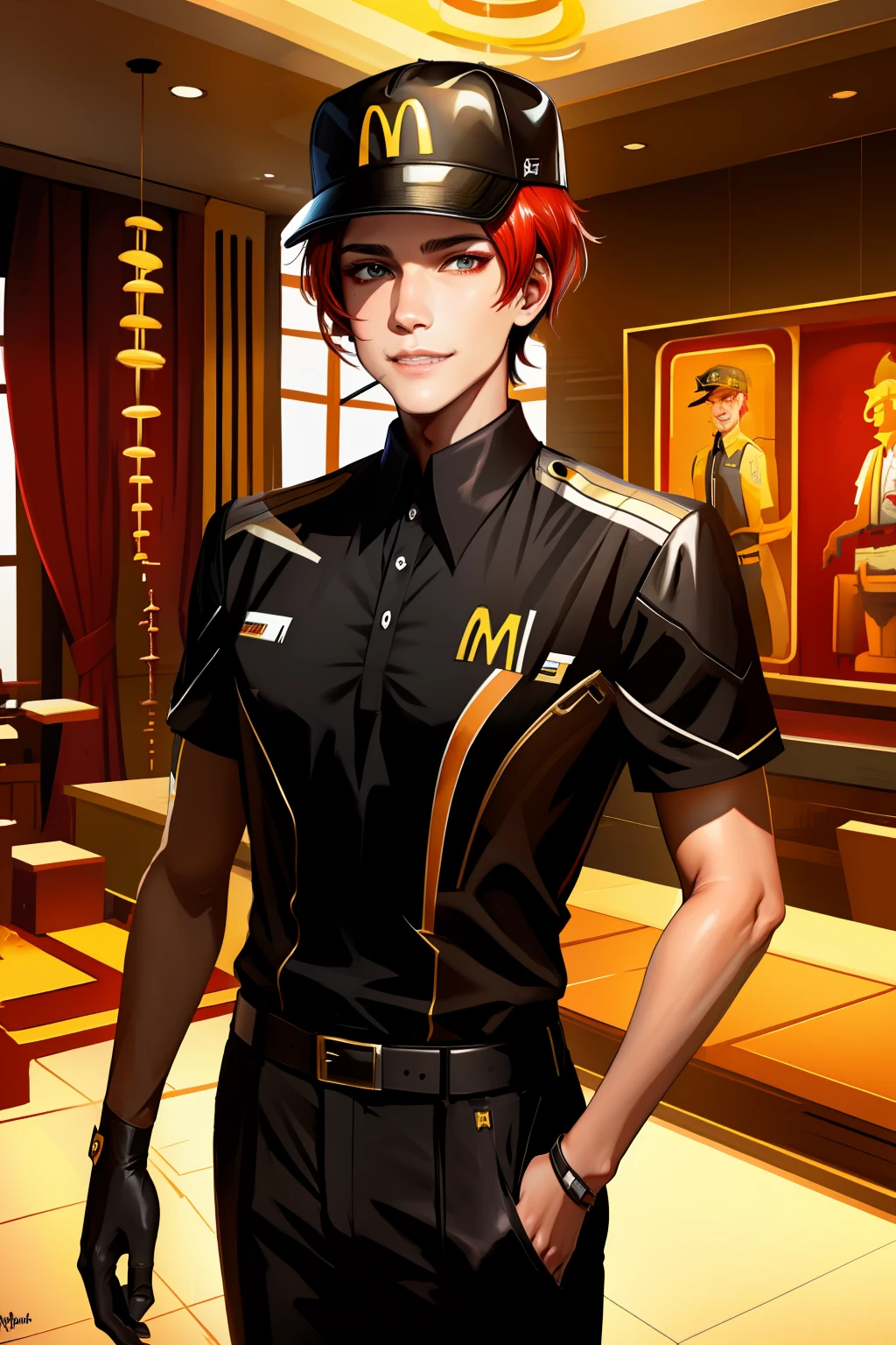 Highly detailed, High Quality, Masterpiece, beautiful, McDonaldsUniform, 1boy, solo, light smile, shirt, black shirt, uniform, black pants, pants, cap, ClaudePre,