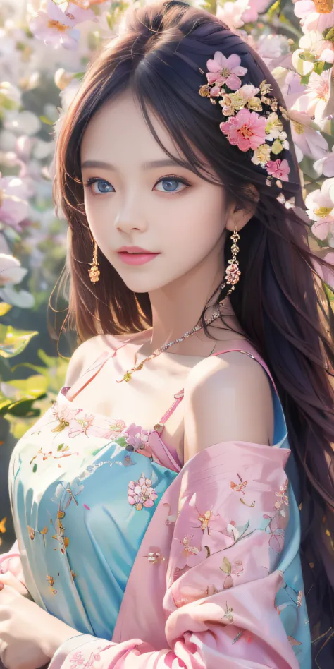 Pure，Sweet，Flower background，Colorful background，Based on physical rendering，Perfect light and shadow，extreme hight detail，sense of science and technology，Pink tones，，Raised sexy，perfect bodies，Superb beauty，largeeyes，long eyelasher，Delicate eyes，large shi...