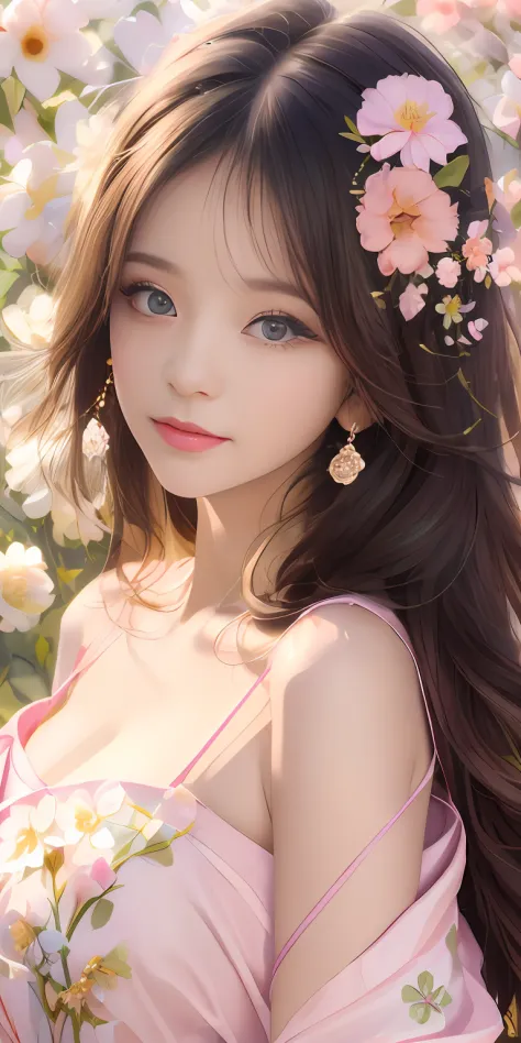Pure，Sweet，Flower background，Colorful background，Based on physical rendering，Perfect light and shadow，extreme hight detail，sense of science and technology，Pink tones，，Raised sexy，perfect bodies，Superb beauty，largeeyes，long eyelasher，Delicate eyes，large shi...