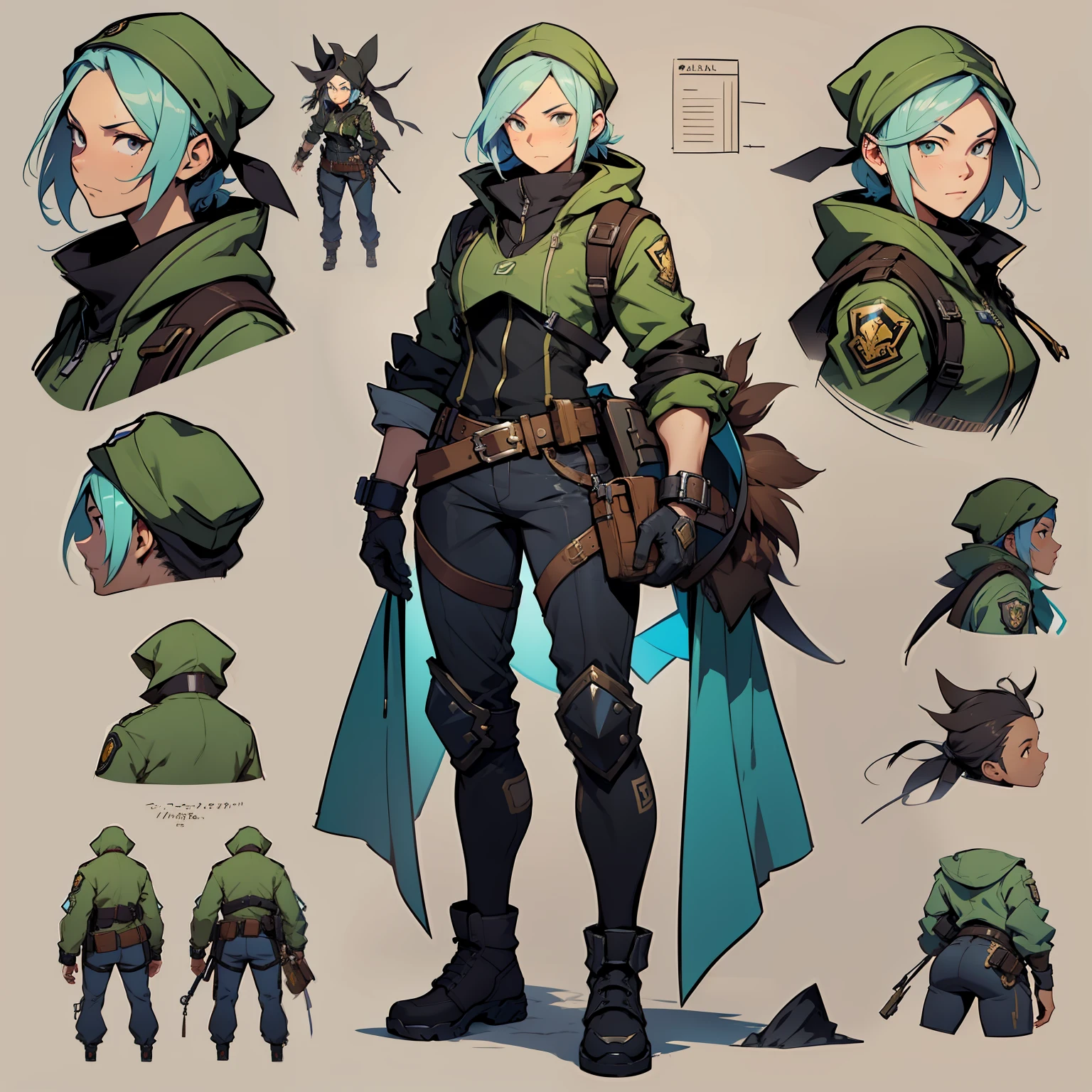 Close-up of a man in a gun costume, ((character concept art)), ((character design sheet, same character, front, side, back)) maple story character art, video game character design, video game character design, maple story gun girl, expert high detail concept art, metal bullet concept art, funny character design, Lucio as a woman, gravity rush inspiration, sticky tar. Concept art, belt buckle at waist, steampunk weapon,