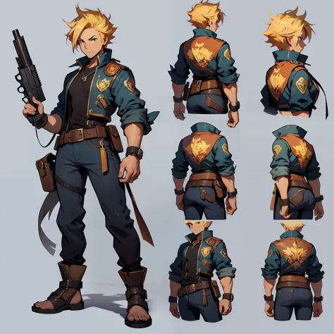 Close-up of a man in a gun costume, ((character concept art)), ((character design sheet, same character, front, side, back)) maple story character art, video game character design, video game character design, maple story gun girl, expert high detail conce...