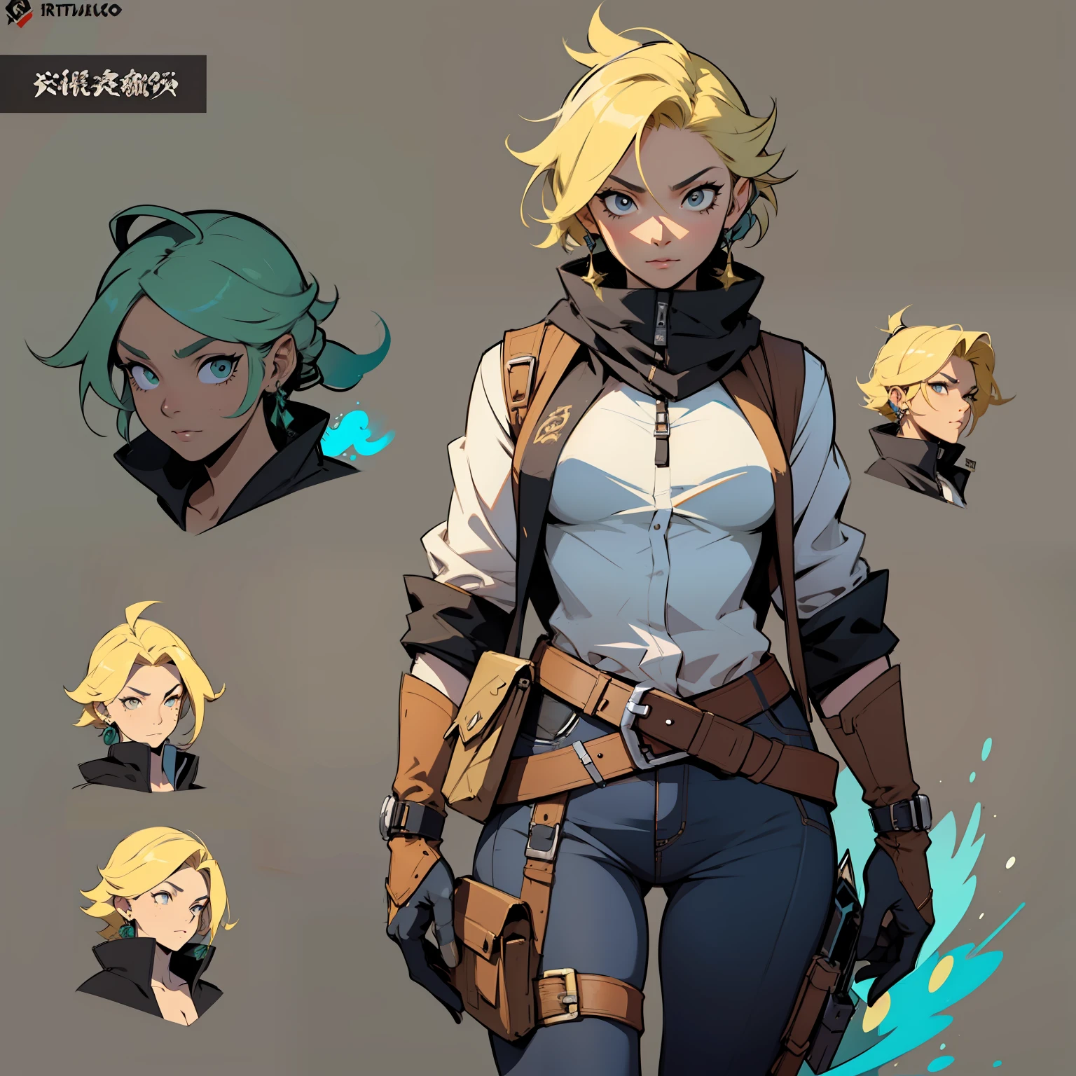 Closeup of a woman with a gun costume, ((character concept art)), ((Character Design sheet, Same character, forehead, side, derriere)) maple story character art, video game character design, video game character design, maple story gun girl, expert high detail concept art, metal bullet concept art, funny character design, Lucio as a woman, Inspiration of gravity fever, sticky tar. conceptual art, belt buckle at waist, arma steampunk,
