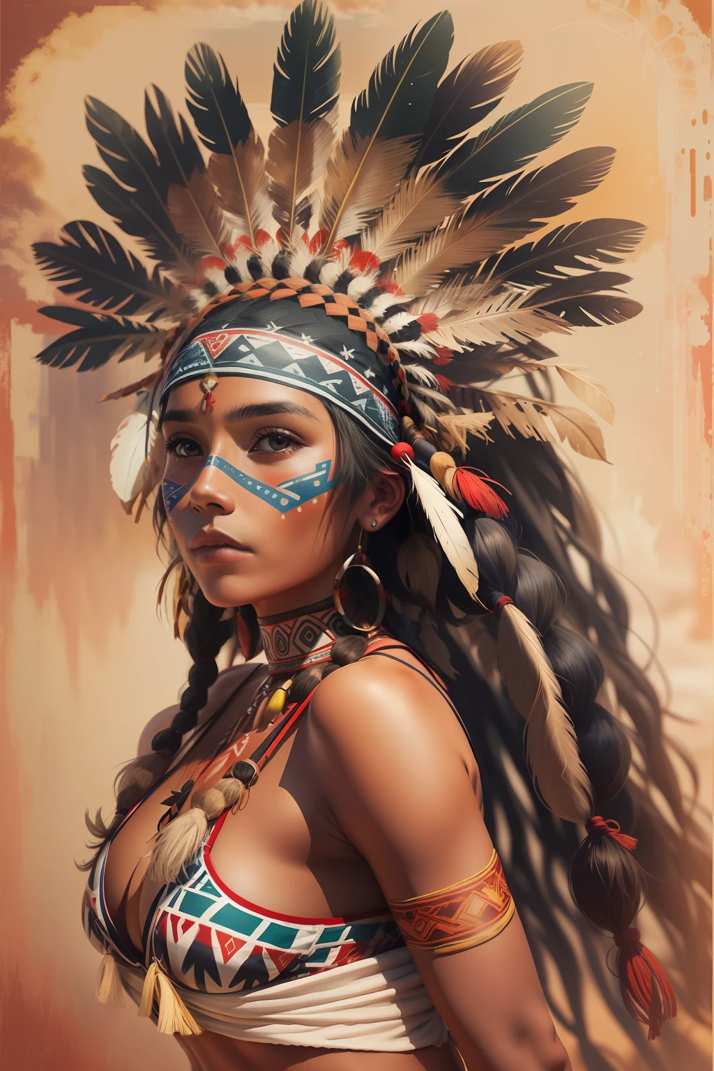 A painting of a woman wearing a native american headdress - SeaArt AI