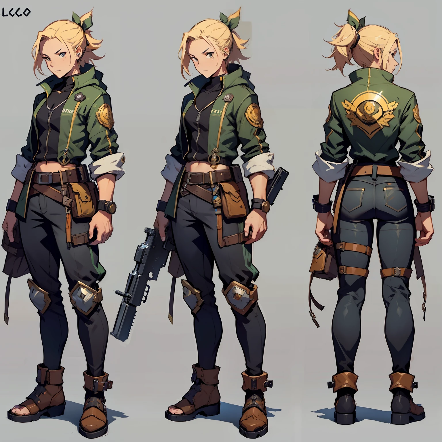 Close-up of a man in a gun costume, ((character concept art)), ((character design sheet, same character, front, side, back)) maple story character art, video game character design, video game character design, maple story gun girl, expert high detail concept art, metal bullet concept art, funny character design, Lucio as a woman, gravity rush inspiration, sticky tar. Concept art, belt buckle at waist, steampunk weapon,