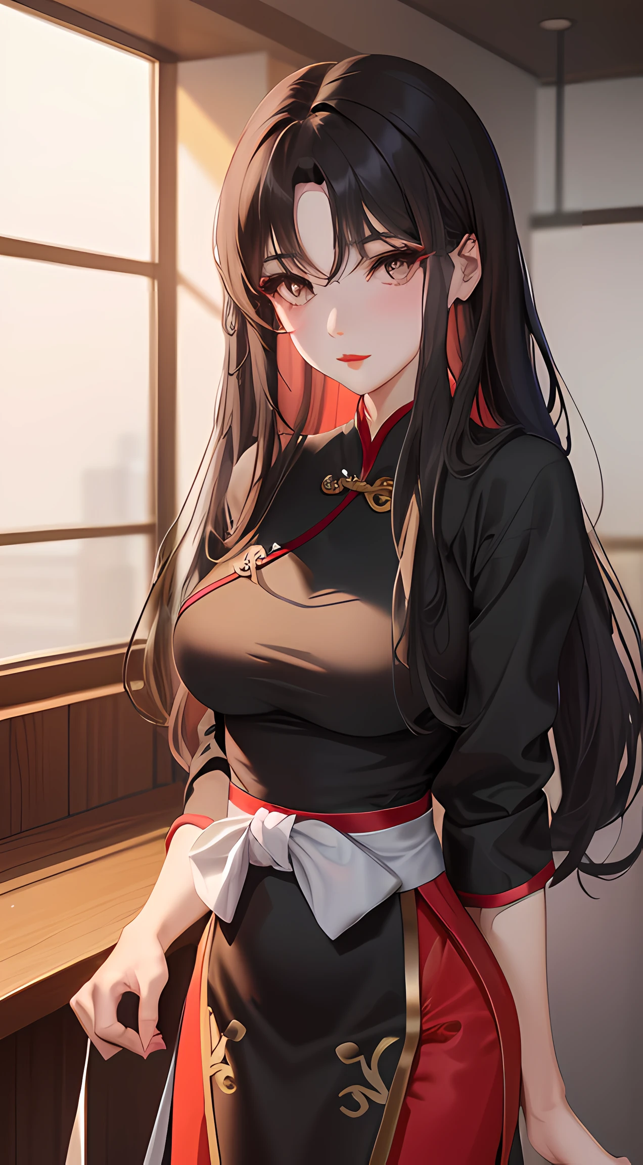 1 girl, Long hair, Black hair, Cheongsam, Big breasts, Thin waist,（Bigchest：1.5），（Pampering：1.5），（Shame 1.5），Hands on the waist，low head， Red lips, Directly to the camera, Rustic, Game CG，Best quality ，8K