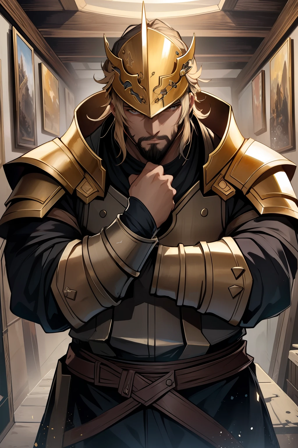 (Masterpiece, Best quality),  Intricate details, 8K, art  stations, the wallpaper, offcial art, Splash Art, Sharp focus，In dungeon time，A middle-aged paladin，He has an outstanding magical talent and a strong heart for justice。