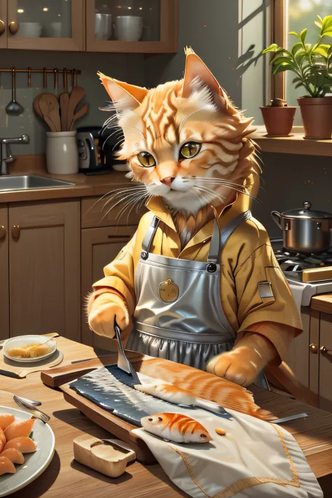 Close up photography （Golden tabby cat：1.2） Wear an apron，（Cut the fish on the table with a knife：1.2）， （c4ttitude：1.3）， in glasstech kitchen， Ultra photo realsisim， intricately details， （mist：1.1）， look from down
