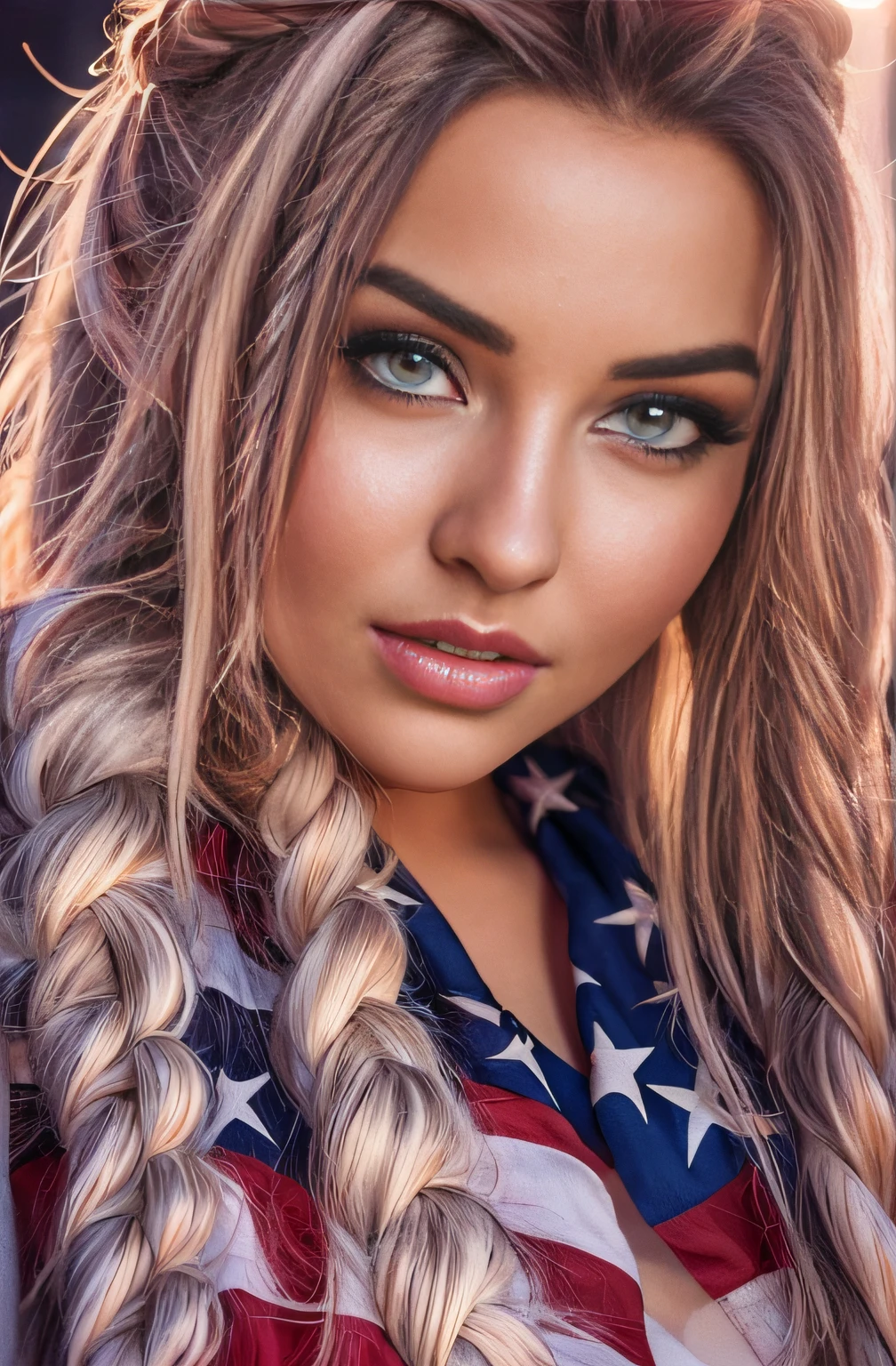 photo of alluring beautiful woman, curvy, sparkling, bright eyes, long braids, American flag waving (masterpiece) (best quality) (detailed) (8k) (HDR) (wallpaper) (cinematic lighting) (sharp focus) (intricate), cum