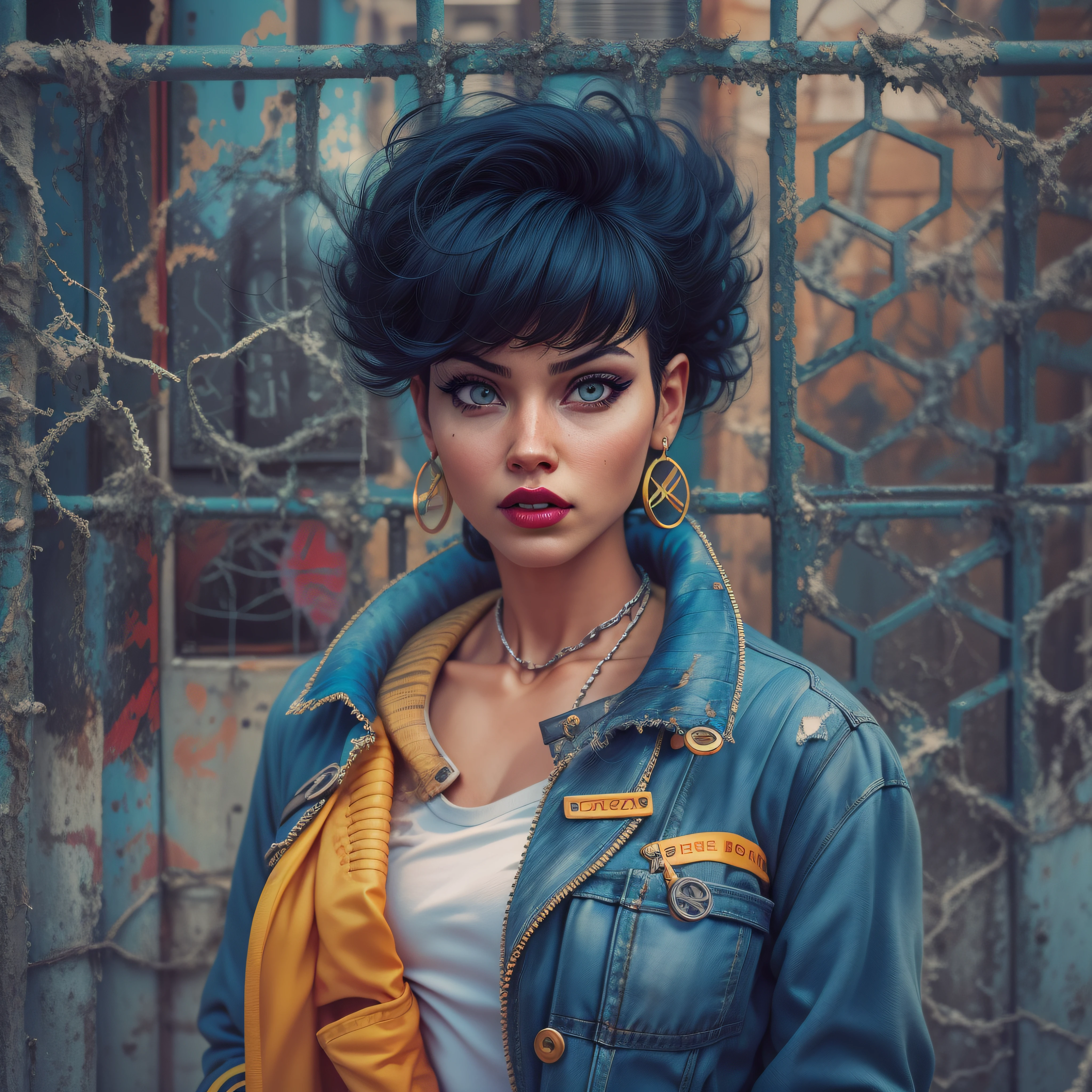 jubilee,short black hair,brown eyes ,lips ,lipstick,dark skin,solo, standing,  hands on hips, upper body, close up,
jubJak, denim shorts , open yellow jacket, purple shades on head, hoop earrings ,((blue gloves)), pink shirt, blue boots,
streets, chain fence, wall with graffiti, retro,
(insanely detailed, beautiful detailed face,  masterpiece, beautiful detailed  eyes, best quality) photo-realistic, octane render,