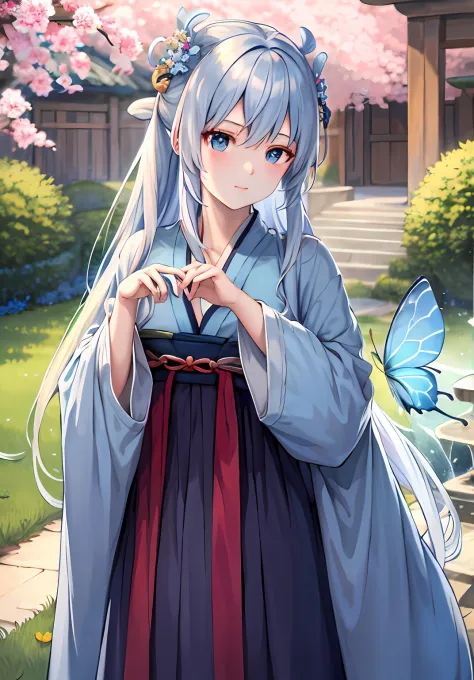 blue ru_swarm,Best_quality,Head,Original_Outfit,Hanfu,Clear details,Masterpiece, Best_quality, Clear details,1girll,Garden background,, Butterfly on the finger,Blue eyes,White hair,Long hair,Big eyes