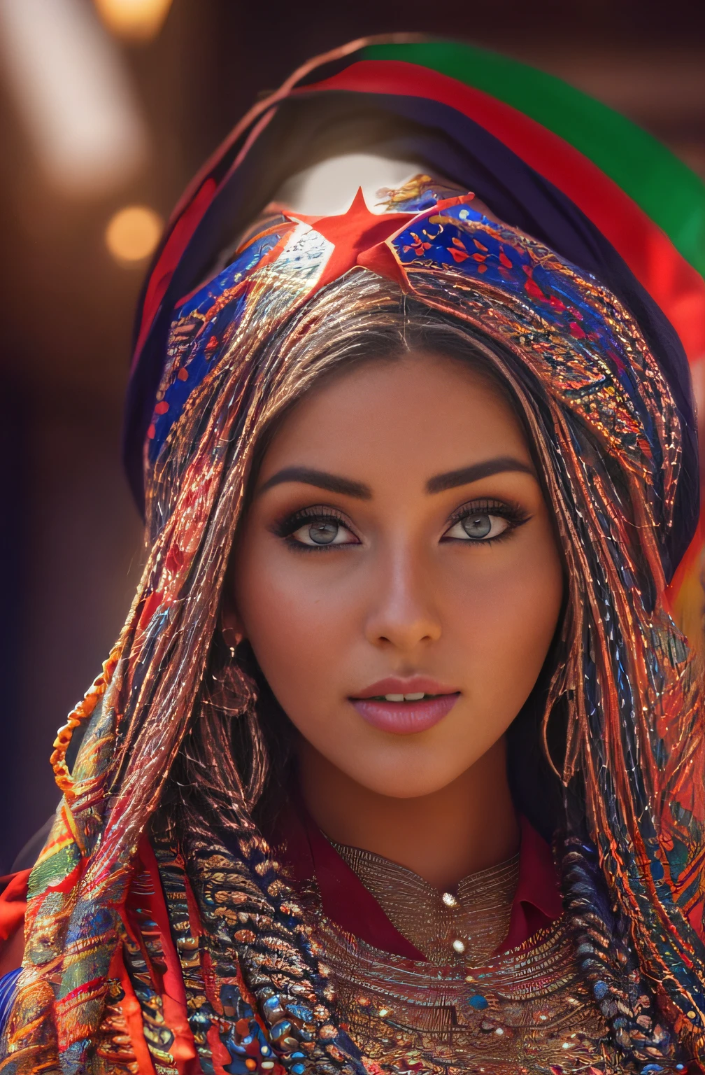 Фото манящей красивой женщины, пышный, Игристый, Яркие глаза, длинные косы, Развевается марокканский флаг (шедевр) (Лучшее качество) (подробный) (8К) (HDR) (обои) (кинематографическое освещение) (Острый фокус) (сложный), Как