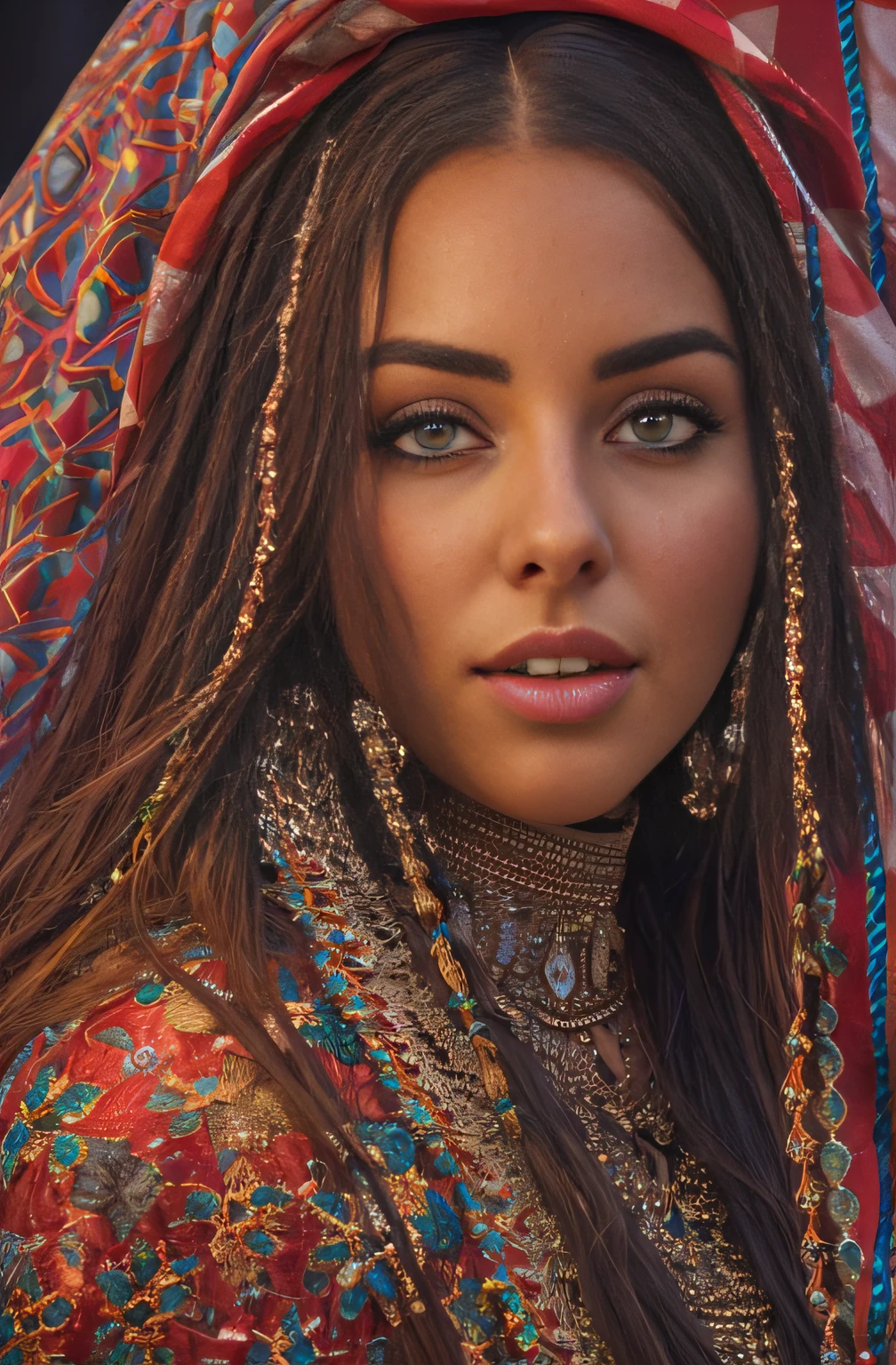 Foto de seductora mujer hermosa, curvas, Espumoso, Ojos brillantes, trenzas largas, Bandera marroquí ondeando (obra maestra) (mejor calidad) (detallado) (8K) (hdr) (fondo de pantalla) (iluminación cinematográfica) (enfoque nítido) (Intrincado), Cómo