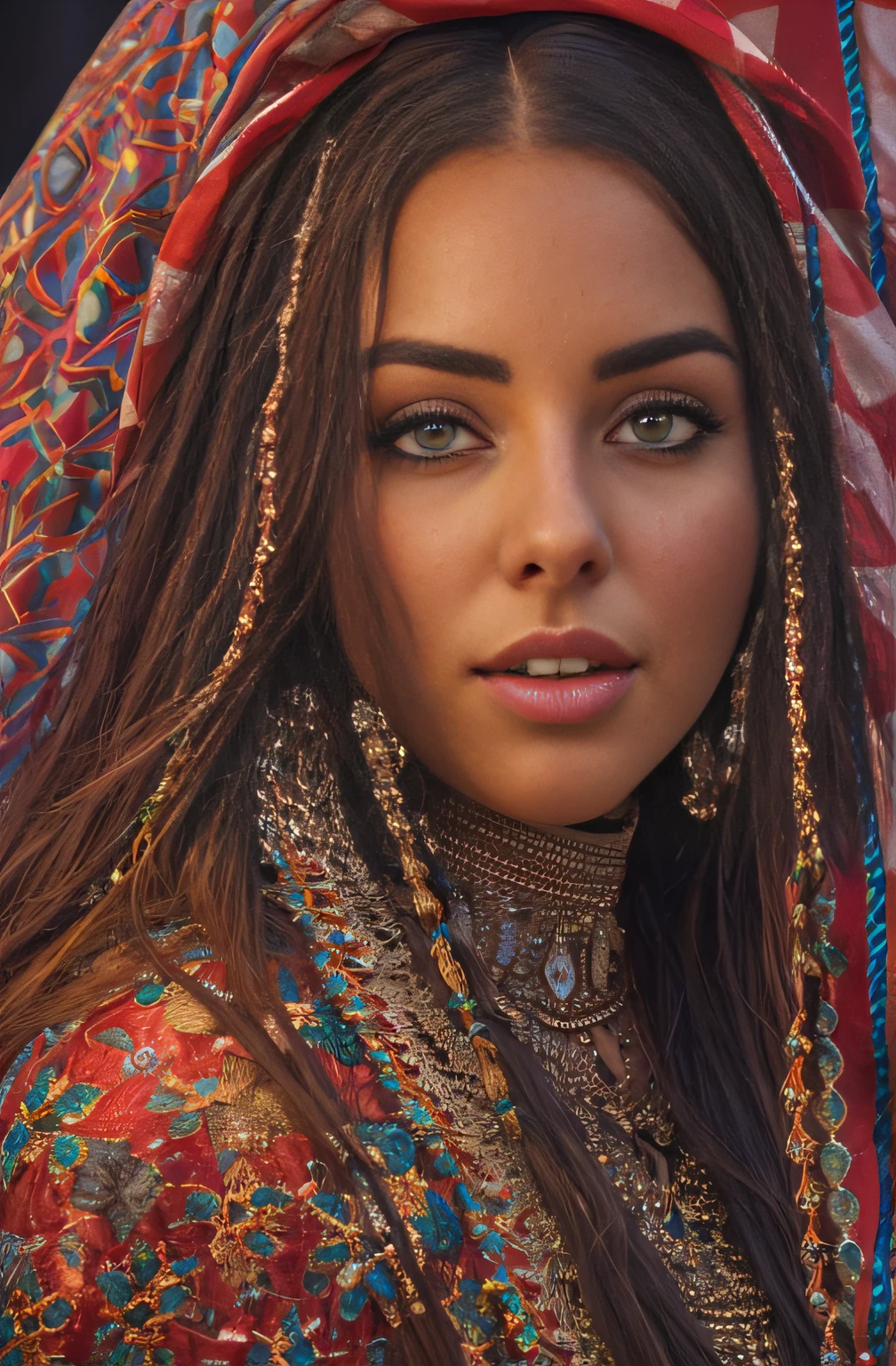 photo of alluring beautiful woman, curvy, sparkling, bright eyes, long braids, Moroccan flag waving (masterpiece) (best quality) (detailed) (8k) (HDR) (wallpaper) (cinematic lighting) (sharp focus) (intricate), cum