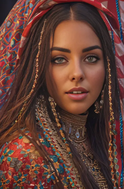 photo of alluring beautiful woman, curvy, sparkling, bright eyes, long braids, Moroccan flag waving (masterpiece) (best quality)...