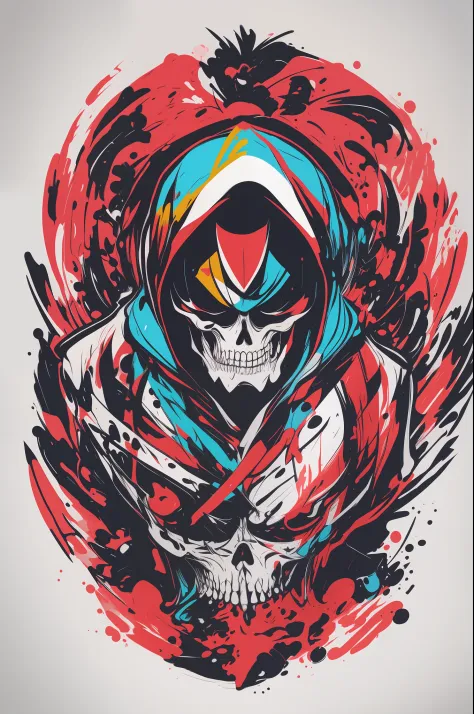vector t-shirt art ready to print colorful graffiti illustration of a head logo grunge grim reaper, Tshirt design, streetwear design, pro vector, japanese style, full design, 6 colors only, solid colors, no shadows, full design, warm colors, sticker, brigh...