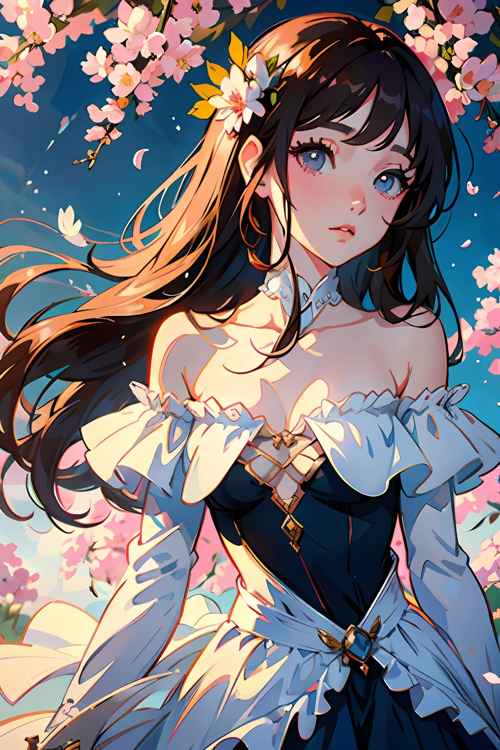 high high quality，tmasterpiece，Delicate facial features，Delicate hair，Delicate eyes，Delicate hair，Romantic girl，Anime shoujo，Pink off-the-shoulder dress，Long brown hair waist-length，Exquisite and delicate，Elegant and gorgeous，dreamy and romantic，Feminine and romantic，blossoms，Cute anime girl in beautiful clothes,  in dress, Fantastic flower garden，Guviz, Style anime, Guviz-style artwork, fantasyoutfit, lovely art style, Dreamy style, fantasy style clothing, Romantic dress, soft cute colors, ，8K high quality detailed art（Delicate facial portrayal）（Fine hair portrayal）（highest  quality）（Master masterpieces）（High degree of completion）（a sense of atmosphere）8k wallpaper，tmasterpiece，Best quality at best，ultra - detailed