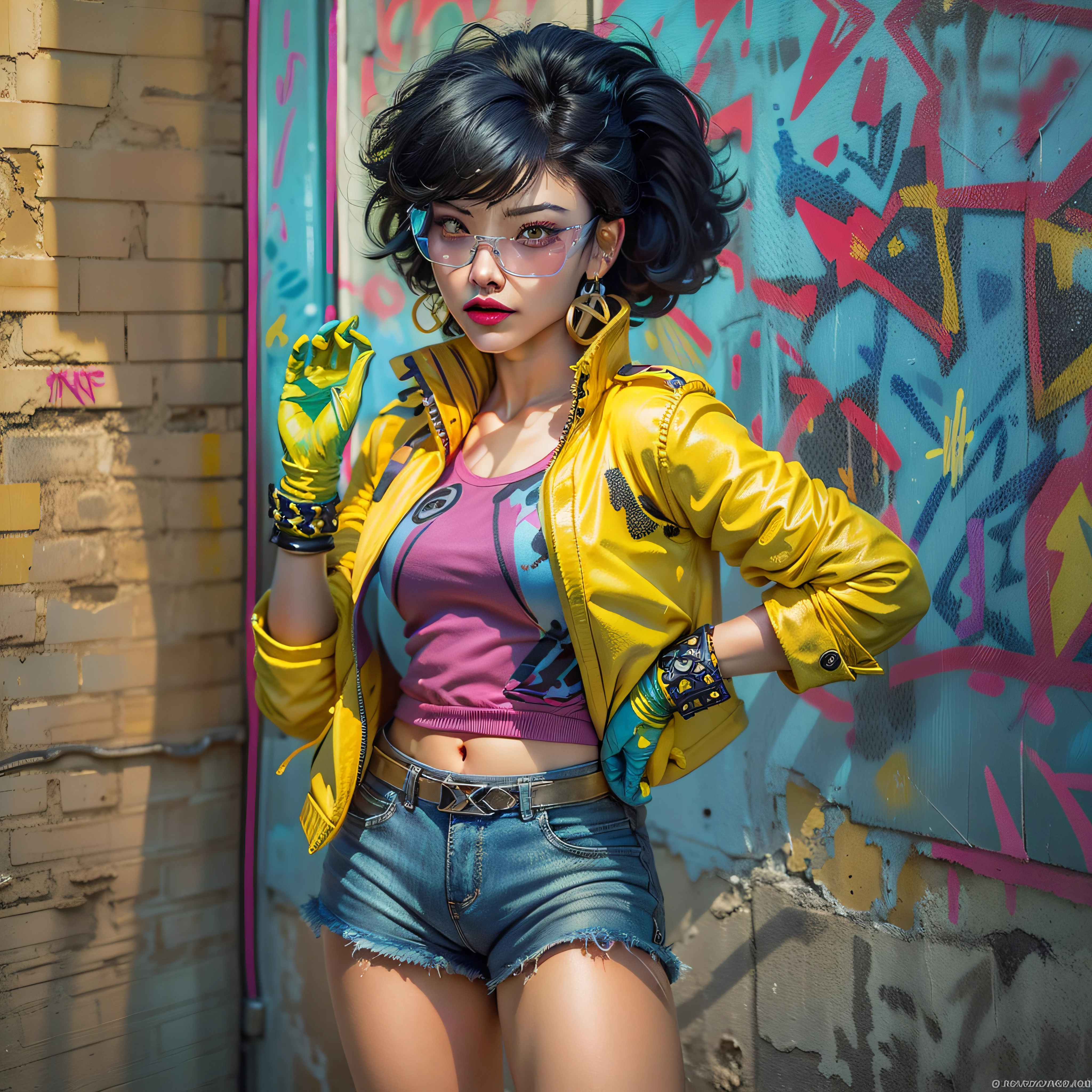 jubilee, (((short black hair))), brown eyes ,lips ,lipstick,dark skin,solo, standing,  hands on hips, upper body, close up,
jubJak, denim shorts , (((open yellow jacket))), purple shades on head, hoop earrings ,((blue gloves)), pink shirt, blue boots,
streets, chain fence, ((wall with x-men graffiti)), retro,
(insanely detailed, beautiful detailed face,  masterpiece, beautiful detailed  eyes, best quality) photo-realistic, octane render,