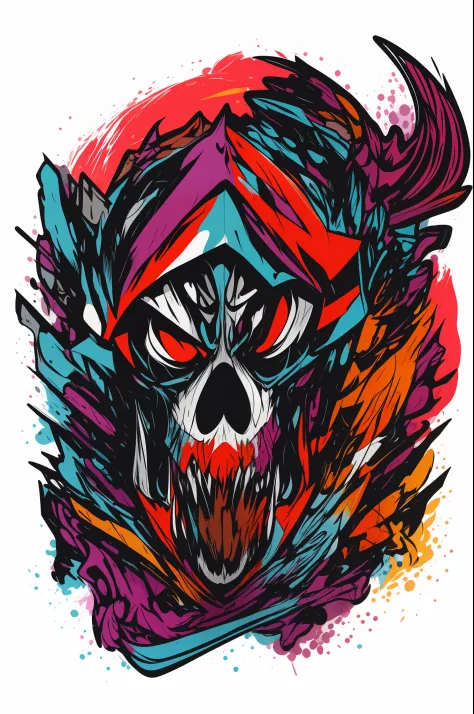 vector t-shirt art ready to print colorful graffiti illustration of a head logo grunge grim reaper, Tshirt design, streetwear design, pro vector, japanese style, full design, 6 colors only, solid colors, no shadows, full design, warm colors, sticker, brigh...