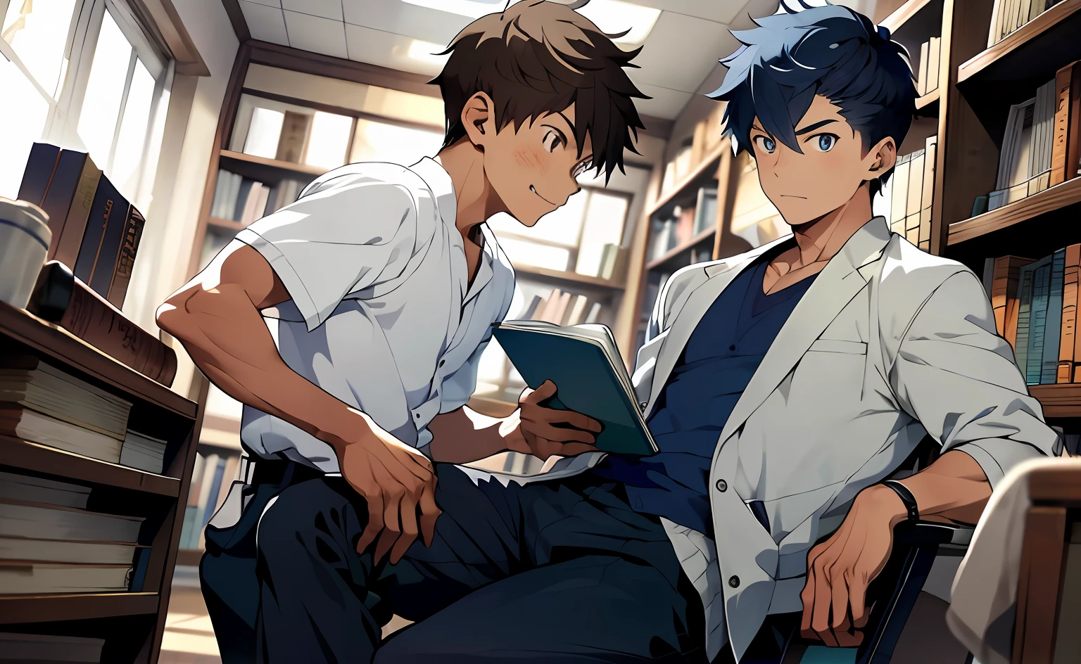 tmasterpiece，1boy,2boy, Two handsome guys,Fine fine skin，Uniforms，short- sleeved，shorter pants，inside in room，perspire，liquids，Be red in the face，Two people look at each other，Look at each other，does not look at the viewer，Don't look at the lens，flesh-colored thighs，libraryai，bookshelveany books，desks，A boy sits at a table ,  One boy strokes another boy's thigh，One boy reached out and touched the other boy's thigh，abs，light，Shinkai sincerely，8k，best qualtiy，high detal，Storytelling images
