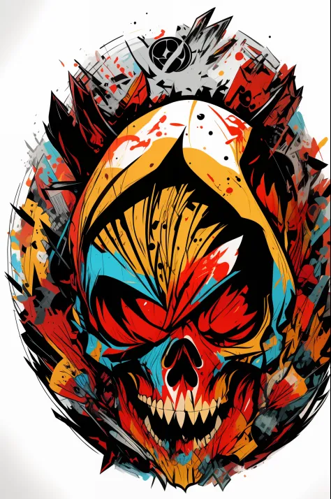 vector t-shirt art ready to print colorful graffiti illustration of a head logo undead pirate, T-shirt design, street wear design, pro vector, Japanese style, full design, 6 colors only, solid colors, no shadows, full design, warm colors, sticker, bright c...