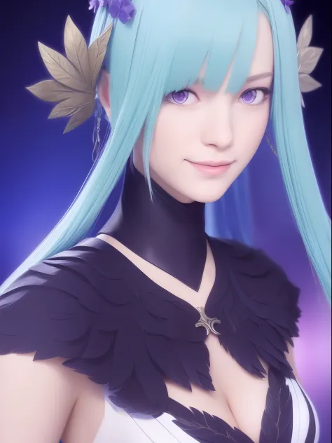 brynhildr lancer fgo,20-year old,pure,affectionately gaze,smile,laurel wreath,black dress,shyly pose, pretty round face,tall,very skinny,slender,light blue hair, cross-cut bangs strongly leans to the right,detailed hair