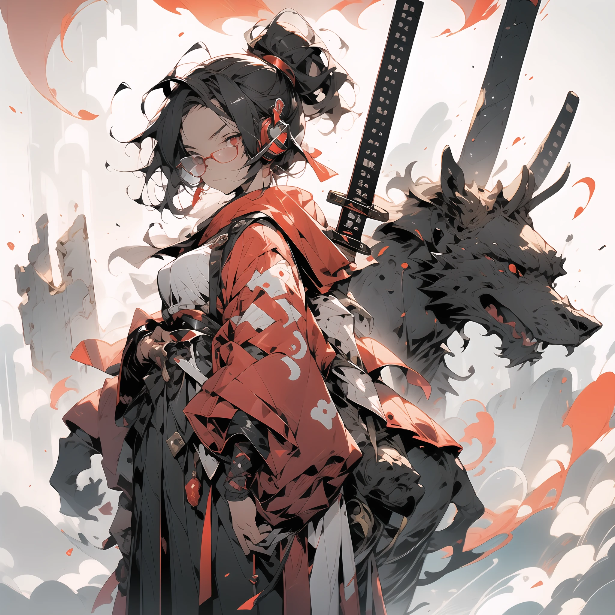 Imagine a young girl with black hair, short hair, and red eyes. She wears headphones and glasses while dressed in a combination of a traditional shrine maiden outfit and samurai armor, complete with a mini skirt. Despite her serious appearance and lack of expression, her red eyes gleam with mysterious power. Picture her standing amidst the ruins, accompanied by various mythical creatures. Now, tell a captivating story about her adventures in this intriguing world.