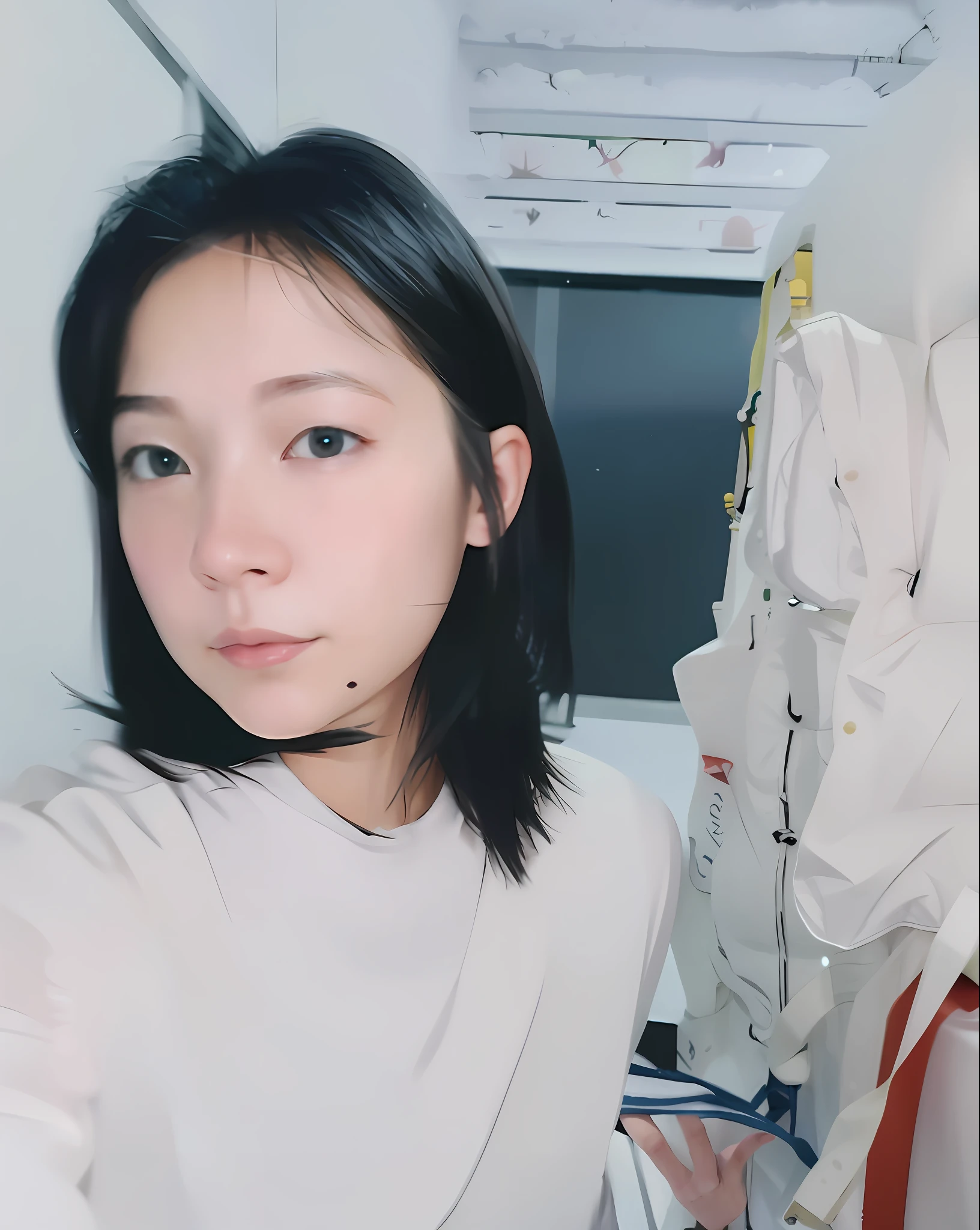 There was a woman taking a selfie wearing a white shirt, 8k selfie photograph, with short hair, young cute wan asian face, young lovely Korean faces, selfie of a young woman, Choi Hyun-hwa, She is facing the camera, wenfei ye, nomake-up, white hime cut hairstyle, with round face, Korean symmetrical face，Snow on your head，There was drifting snow，