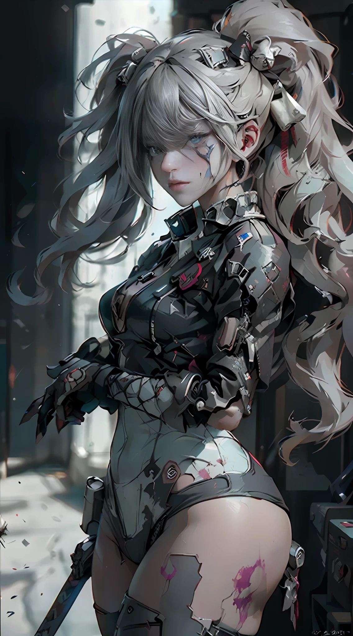 ((Best Quality)), ((Masterpiece), (Details: 1.4), 3D, A Beautiful Cyberpunk Female Figure, HDR (High Dynamic Range), Battle Damaged Girl, Blood Stains on Face, Blood Stains on Face, Broken Clothes, Broken Clothes, Broken Clothes, Messy Hair, Injured Arms, Holding a Sword, Fierce Expression, Green Eyes, Ray Tracing, NVIDIA RTX, Super-Resolution, Unreal 5, Subsurface Scattering, PBR Textures, Post-processing, anisotropic filtering, depth of field, maximum sharpness and sharpness, multi-layer textures, albedo and highlight mapping, surface shading, accurate simulation of light-material interactions, perfect proportions, Octane Render, two-color light, large aperture, low ISO, white balance, rule of thirds, 8K RAW,