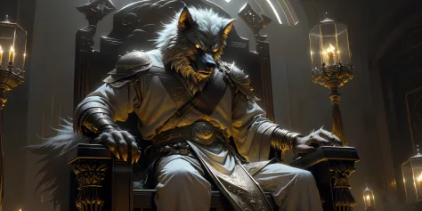 an old werewolf king sitting on the throne in the heart of the city of glas, throne is a very humid place full of puddles and le...