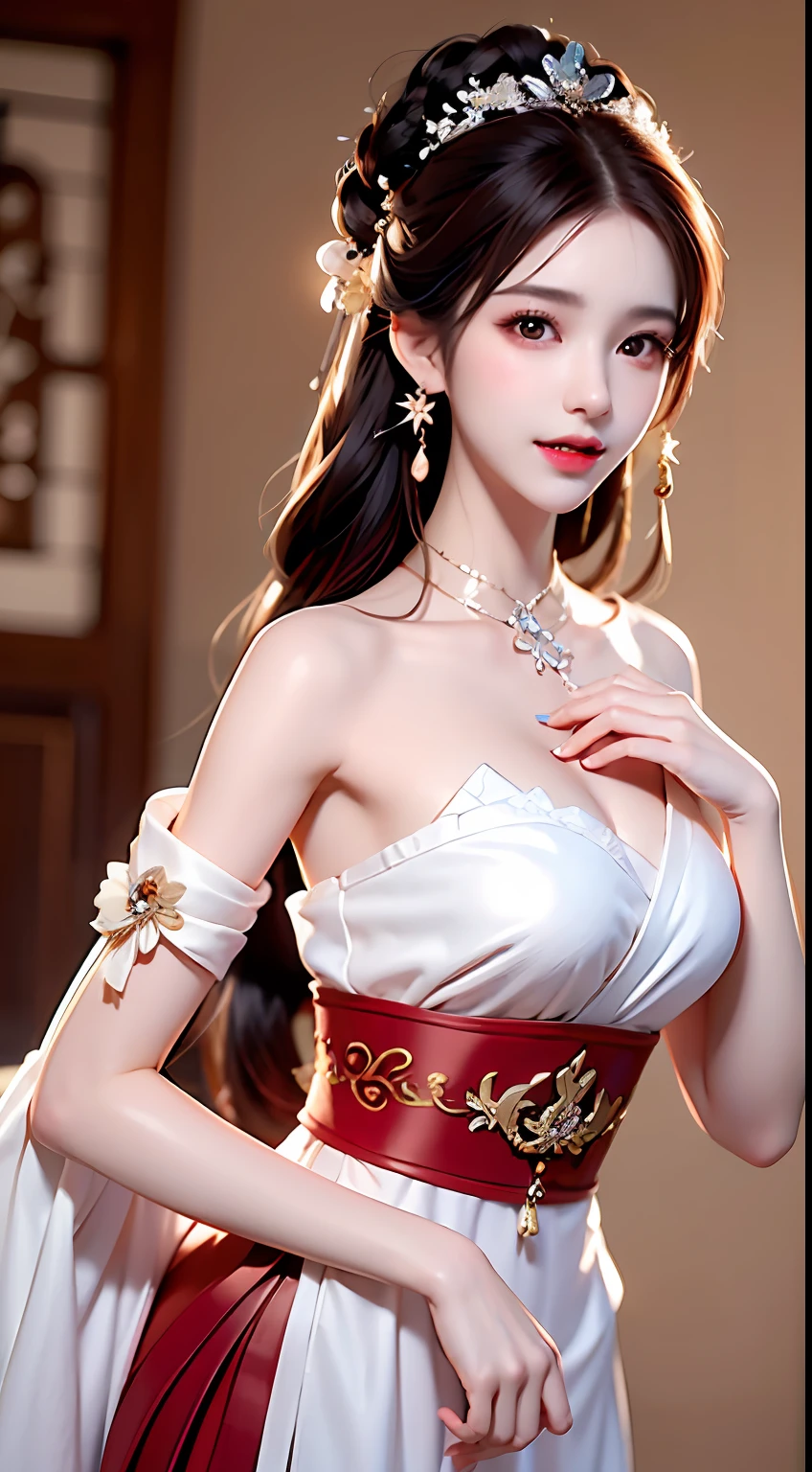 1 young queen in a red lace blouse，dressing gown，Chinese style clothes，Ancient costumes with many phoenix motifs，Flawless white and pink face，Ornaments on the head，brunette color hair，Two braids waist-length，very beautiful and sharp brown eyes，Small red lips，Colored lips，Enchanted smile，Jewelry worn around the neck，耳Nipple Ring，White uniform teeth，tall nose bridge，big round breasts， slenderlegs，thin mesh black socks，sportrait，most realistic，HighestQuali，best pixels，8K Ultra，incantation(Prompt): A girl of about 22 years old，Perfectcomposition，Precise and perfect human anatomy，Golden ratio creation，Surreal and realistic。Detailed skin details，White skin of the，shiny skin，Creamy glowing skin，Skin that is white and red。Exquisite depiction of facial features，Perfect makeup，Detailed depiction of the face，Clean and flawless face。A sweet smile，Smile without showing your teeth。Extremely detailed depiction of hair，Long black hair，Hair coiled，tying  hair，High bun，The wind blew away the hair。Eyebrows upturned，long eyelasher，二重まぶた。Affectionate eyes，big bright eyes，Sweet with lying silkworms。tall nose bridge。Thin lips，Pink lip gloss，Straight teeth。Delicate collarbones。Delicate pendant，耳Nipple Ring。Perfect tall figure，with a well-proportioned body，Long legs and thin waist，Skinny beauty，