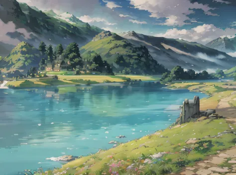 The background is an anime landscape of benches and a lake of mountains, landscape artwork, beautiful anime scenery, Anime landscapes, beautiful anime scenes, silvain sarrailh, anime countryside landscape, Anime landscape, Anime landscape concept art, scen...