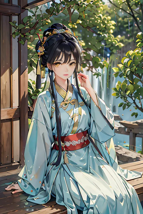 Best quality at best，Complicated details，A high resolution，（beautiful detailed  water：1.4），（Hanfu，Tang Feng），yellow eyes，sitting beside the window，looking out，Then it started to rain lightly outside the window，More detail on the face，The right eye should b...