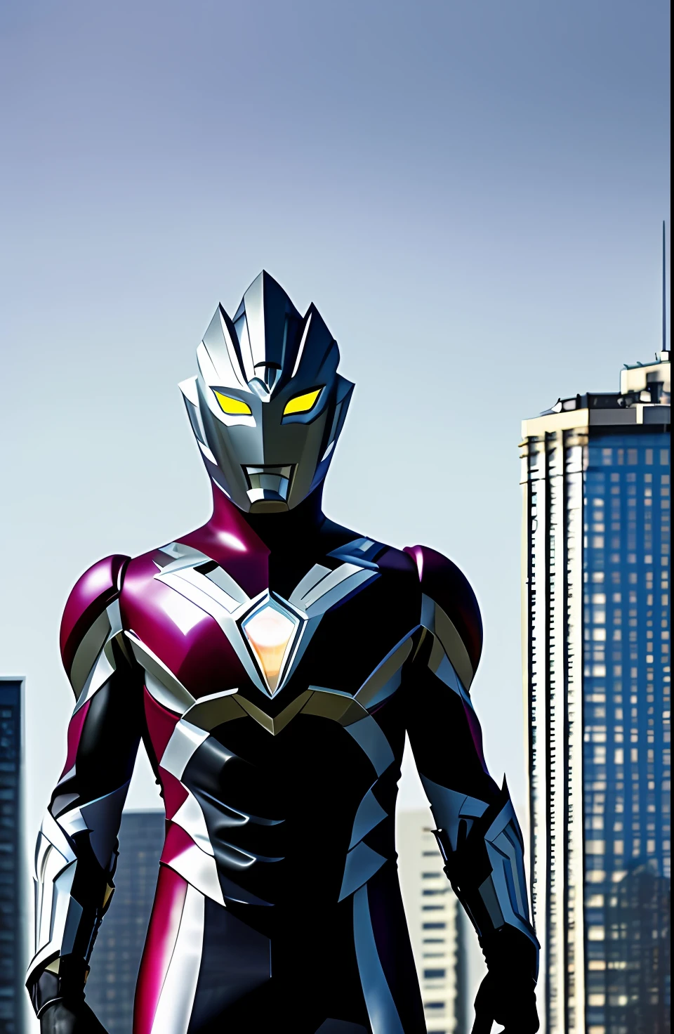 s Ultraman，（165 feet tall），[red colour|black in color]，realisticlying，High detail RAW Photo，tmasterpiece，best qualtiy，A detailed，Ultra photo realsisim，（full bodyesbian），Detailed face，highly  detailed，HDR，（（smoothness）），Sharp focus, look at viewer, (ruined city), (((detailedbackground))),Broken tall buildings，Next to it are ruins，