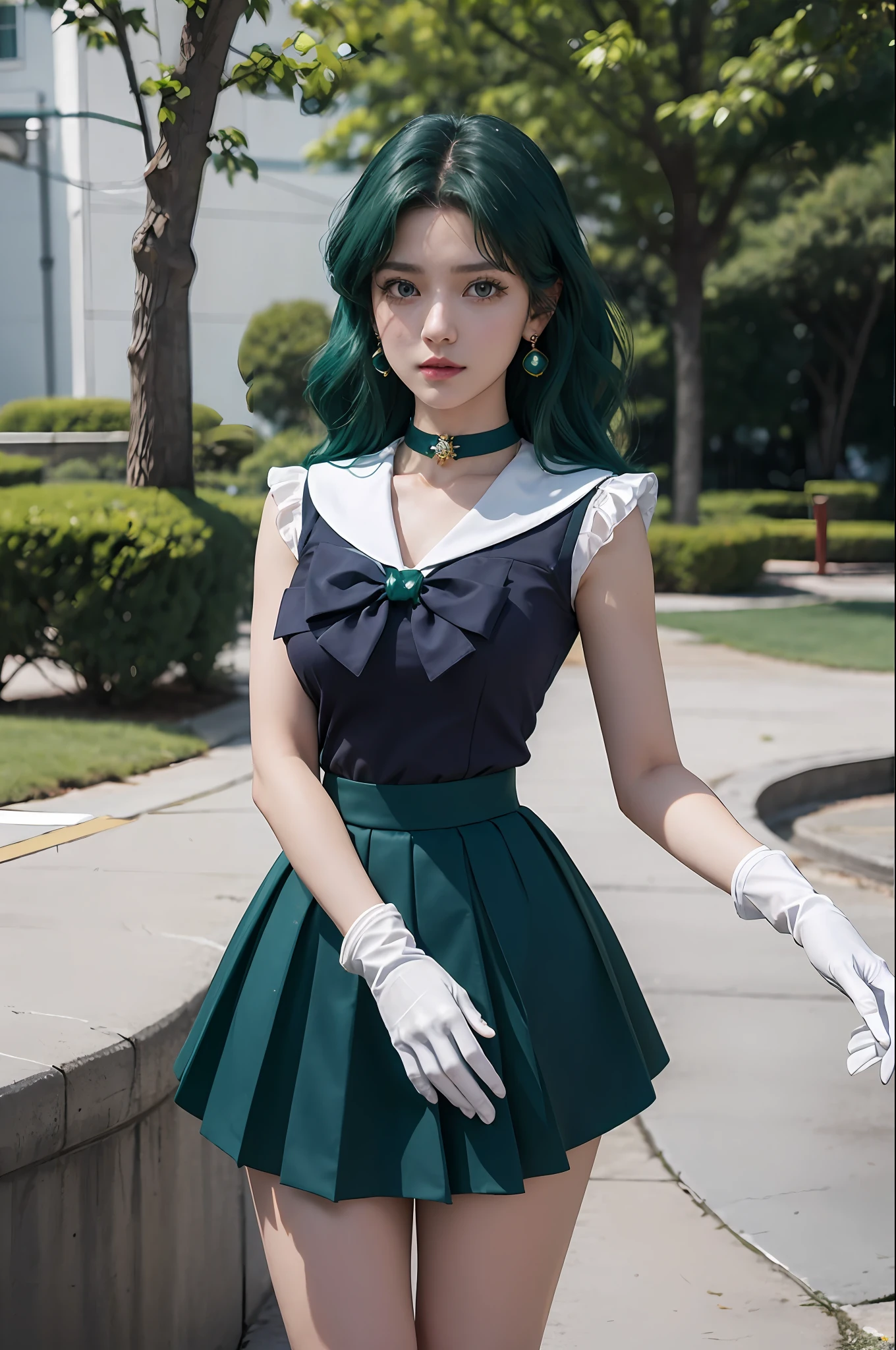 close-up, 1girl, sailor neptune, aqua eyes, dark green hair, medium hair, (sailor senshi uniform:1.1), plead skirt, bow, dynamic posture, Dynamic background, , best quality, masterpiece, high resolution, intricate details, (( realistic )), photographic, earrings, jewelry, white gloves, Medium breast, full body, white gloves, sailor collar