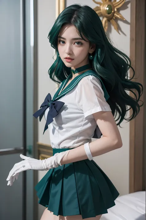 close-up, 1girl, sailor neptune, aqua eyes, dark green hair, medium hair, (sailor senshi uniform:1.1), plead skirt, bow, dynamic...