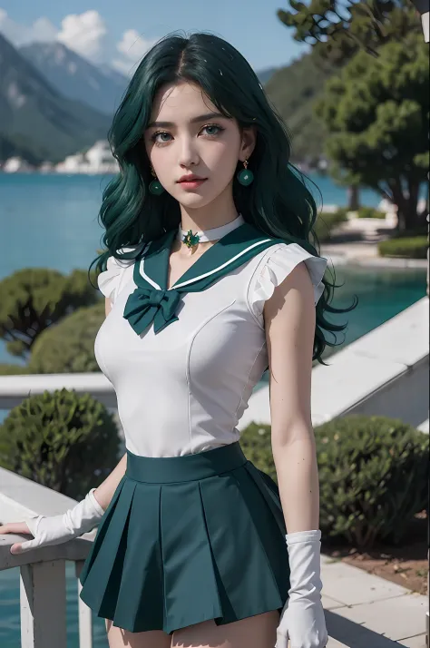 close-up, 1girl, sailor neptune, aqua eyes, dark green hair, medium hair, (sailor senshi uniform:1.1), plead skirt, bow, dynamic...