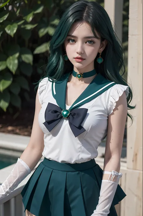 close-up, 1girl, sailor neptune, aqua eyes, dark green hair, medium hair, (sailor senshi uniform:1.1), plead skirt, bow, dynamic...