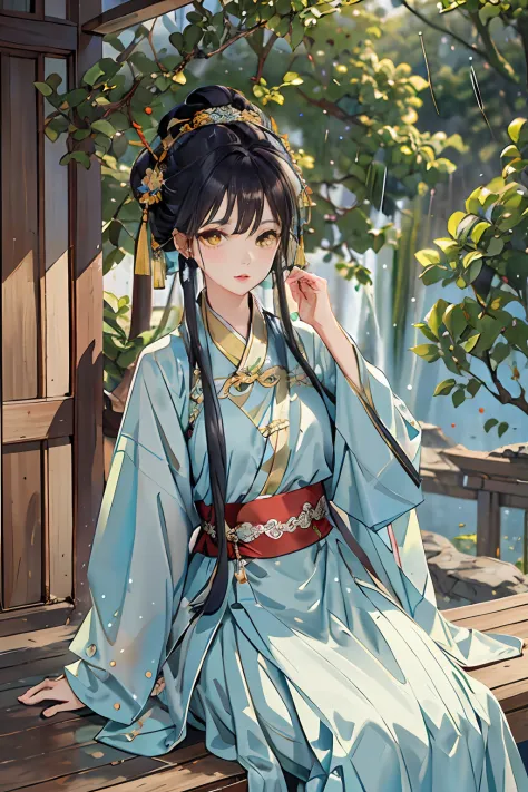 Best quality at best，Complicated details，A high resolution，（beautiful detailed  water：1.4），（Hanfu，Tang Feng），yellow eyes，sitting beside the window，looking out，Then it started to rain lightly outside the window，More detail on the face，The right eye should b...