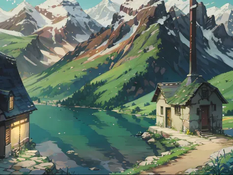 In the background is an anime landscape of benches and mountain lakes, landscape artwork, beautiful anime scenery, Anime landscapes, beautiful anime scenes, silvain sarrailh, anime countryside landscape, Anime landscape, Anime landscape concept art, scener...