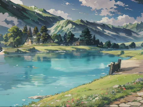 In the background is an anime landscape of benches and mountain lakes, landscape artwork, beautiful anime scenery, Anime landscapes, beautiful anime scenes, silvain sarrailh, anime countryside landscape, Anime landscape, Anime landscape concept art, scener...