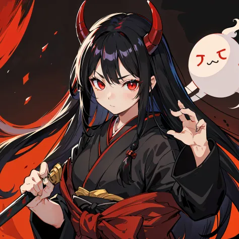 Black hair bundles，Red eyes，Otherworldly ghosts，The forehead has small red horns，Outfit in black，Holding a Japanese-style sword，...