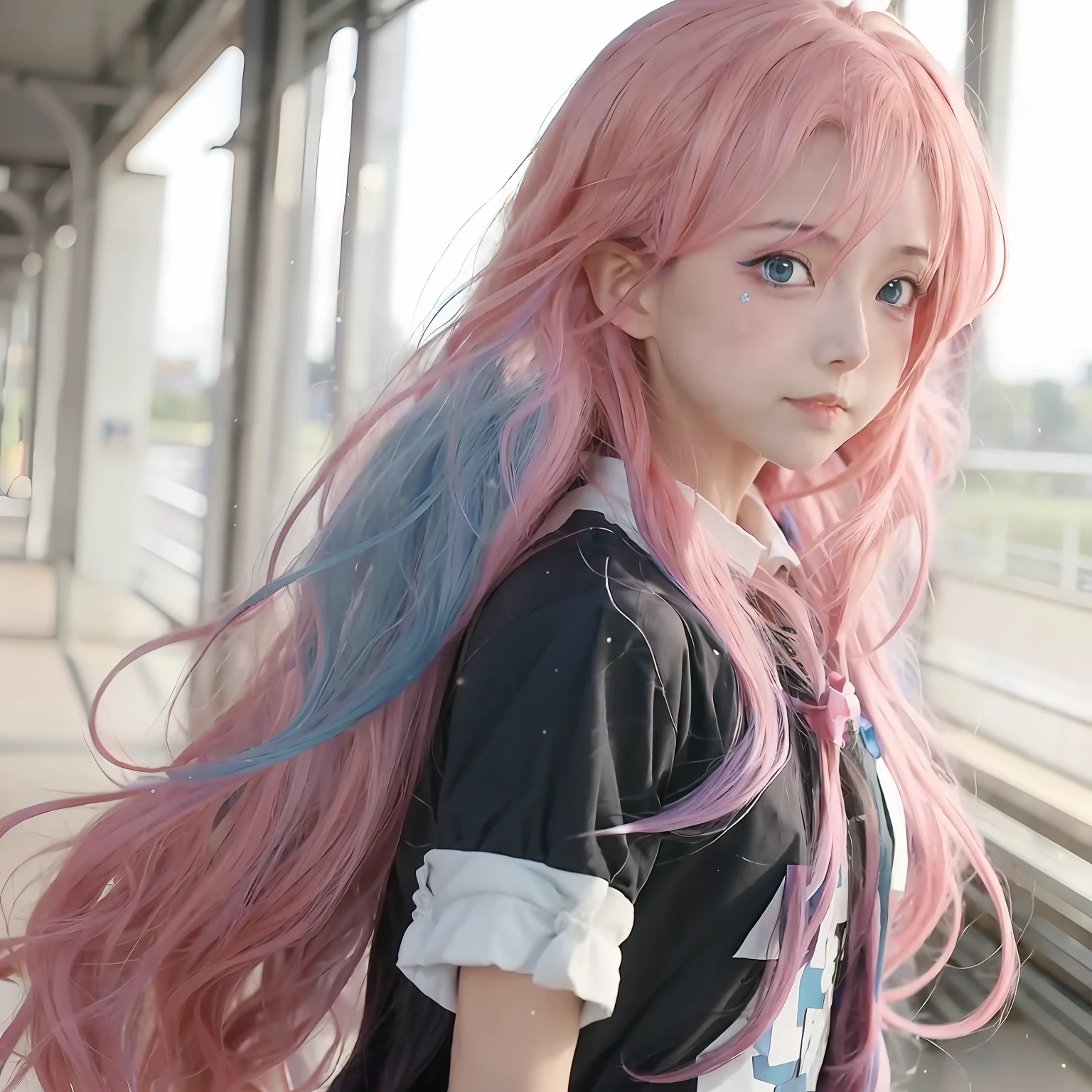 Arapei girl with long pink hair and blue eyes standing at the train station, Anime girl in real life, pink twintail hair and cyan eyes, Photorealistic anime, Realistic young anime girl, Anime girl with long hair, Beautiful Anime High School Girls, Anime girl cosplay, Anime. Soft lighting, Beautiful anime style, up of young anime girl, Beautiful anime girl