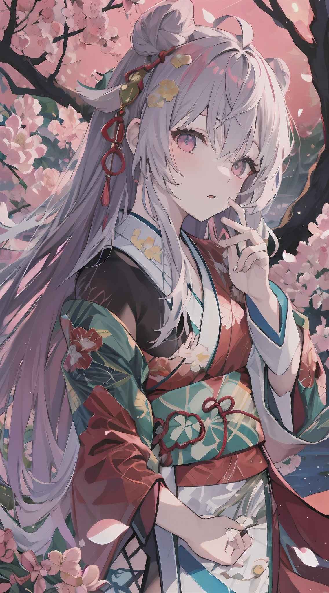 Top quality, Ink painting style, Fresh and elegant, Clear lake water，In the setting sun，Cherry blossom petals fall quietly, Girl in pure white kimono, holding folding fan，A gentle breeze ruffles the hair, In the woods dotted with green leaves, Birds chirp happily, A poetic scene