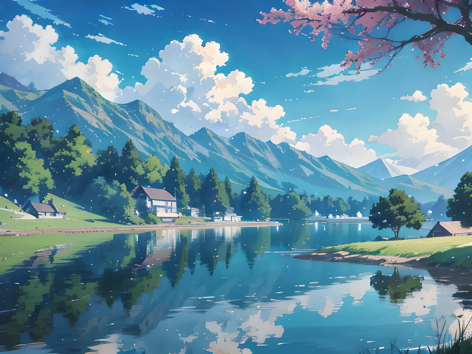 Anime scenery of a lake with a house and mountains in the background -  SeaArt AI