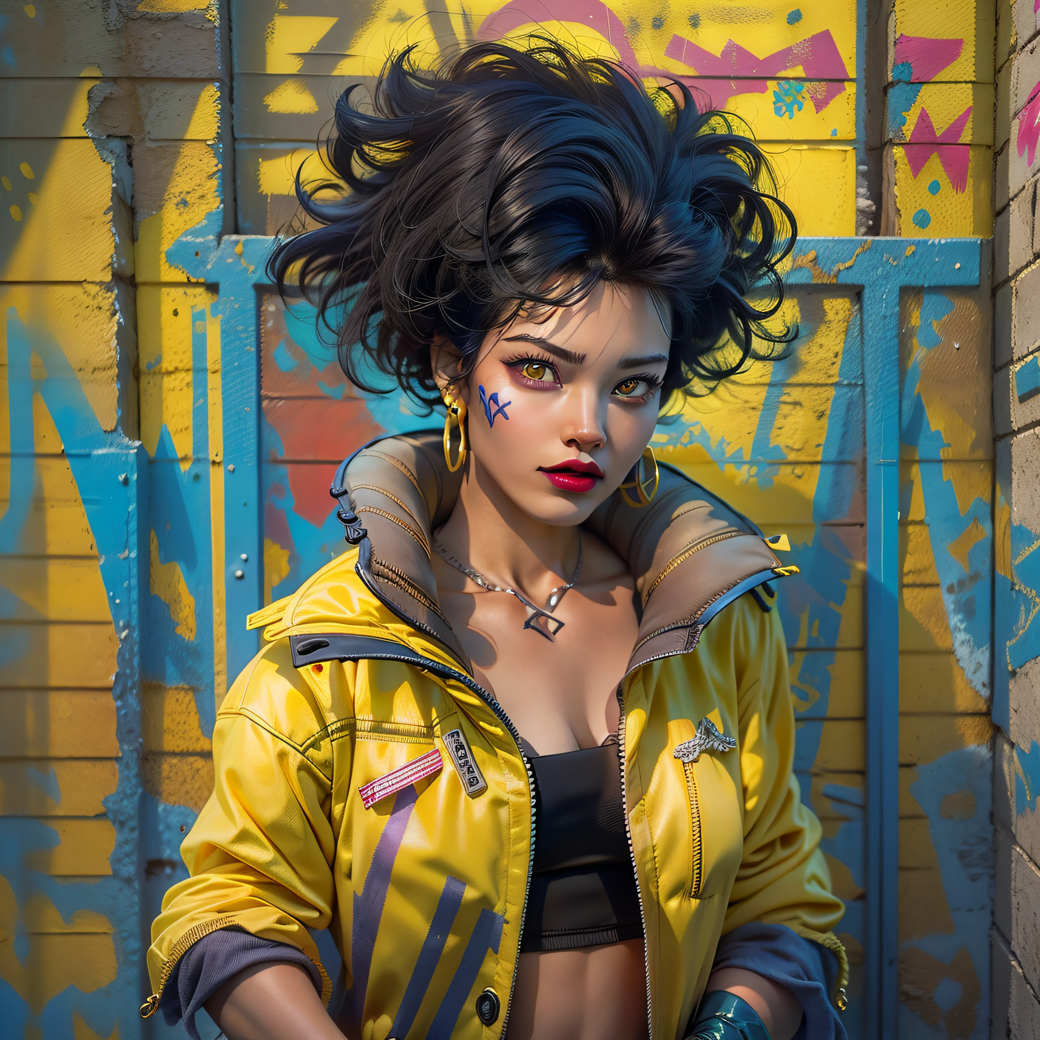 jubilee, (((short black hair))), brown eyes ,lips ,lipstick,dark skin,solo, standing,  hands on hips, upper body, close up,
jubJak, denim shorts , (((open yellow jacket))), purple shades on head, hoop earrings ,((blue gloves)), pink shirt, blue boots,
streets, chain fence, ((wall with x-men graffiti)), retro,
(insanely detailed, beautiful detailed face,  masterpiece, beautiful detailed  eyes, best quality) photo-realistic, octane render,