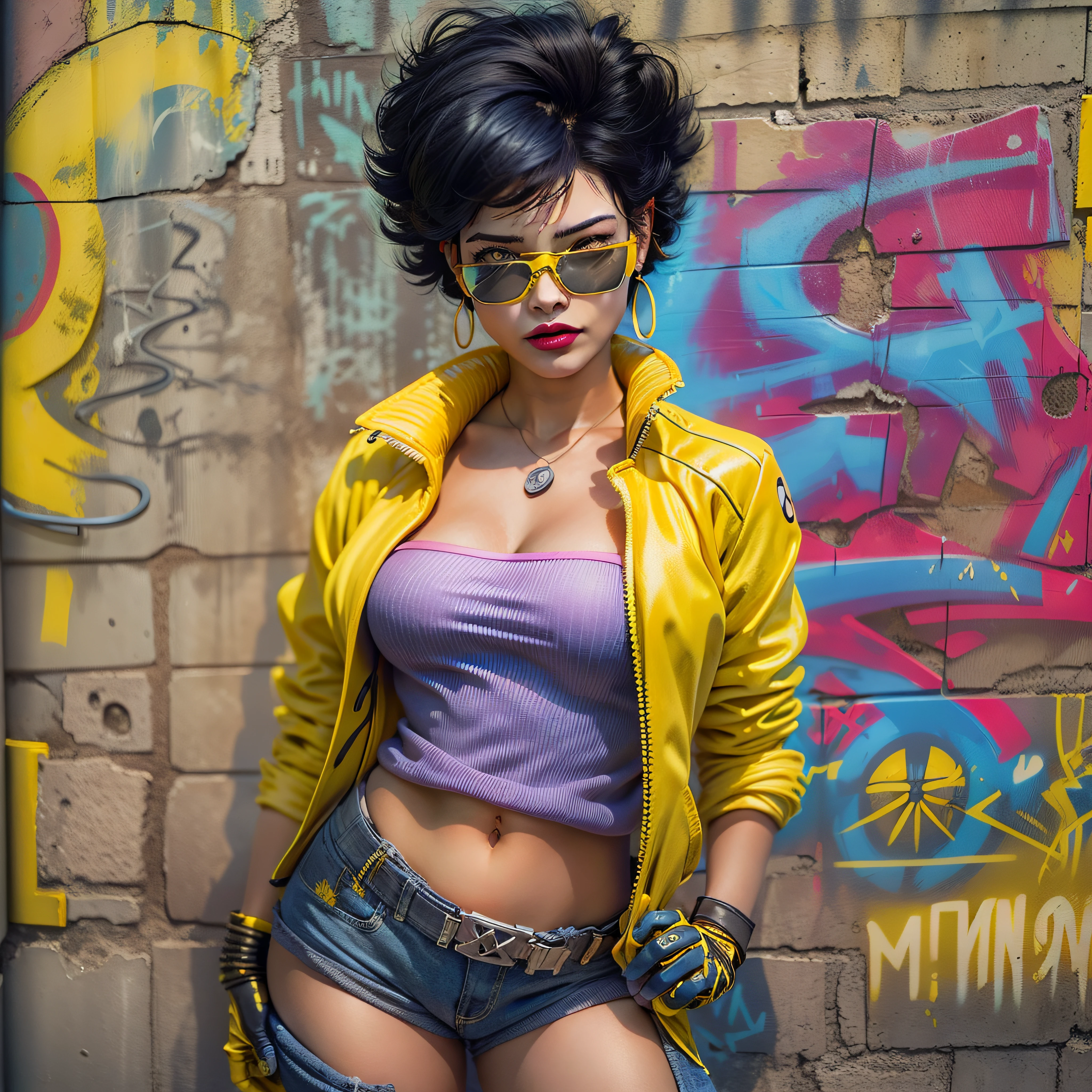jubilee, (((short black hair))), brown eyes ,lips ,lipstick,dark skin,solo, standing,  hands on hips, upper body, close up,
jubJak, denim shorts , (((open yellow jacket))), purple shades on head, hoop earrings ,((blue gloves)), pink shirt, blue boots,
streets, chain fence, ((wall with x-men graffiti)), retro,
(insanely detailed, beautiful detailed face,  masterpiece, beautiful detailed  eyes, best quality) photo-realistic, octane render,